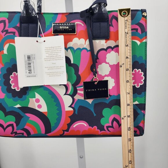 Trina Turk Floral Print Tote Bag 14x11 Floral Navy Pink Green Designer Purse - Picture 7 of 11